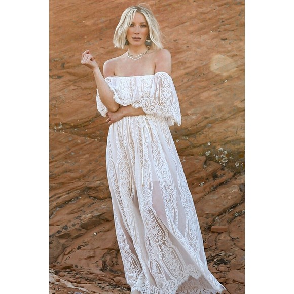 Baltic Born White Nude Caroline Lace Maxi Dress Off Shoulder Sheer Romantic XS - Picture 1 of 16